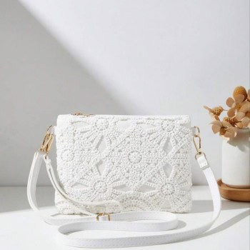 Πλεκτή Τσάντα Ώμου / Χιαστί με Δαντέλα Crochet & Αποσπώμενο Λουράκι - Λευκό