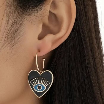 Κρεμαστά Σκουλαρίκια Κραδία Μαύρα με Ματάκι