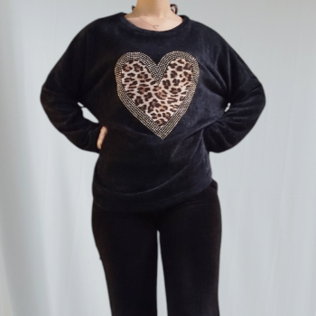 Μπλούζα Μαύρη Γυναικεία με Στρας και Καρδιά Τιγρέ