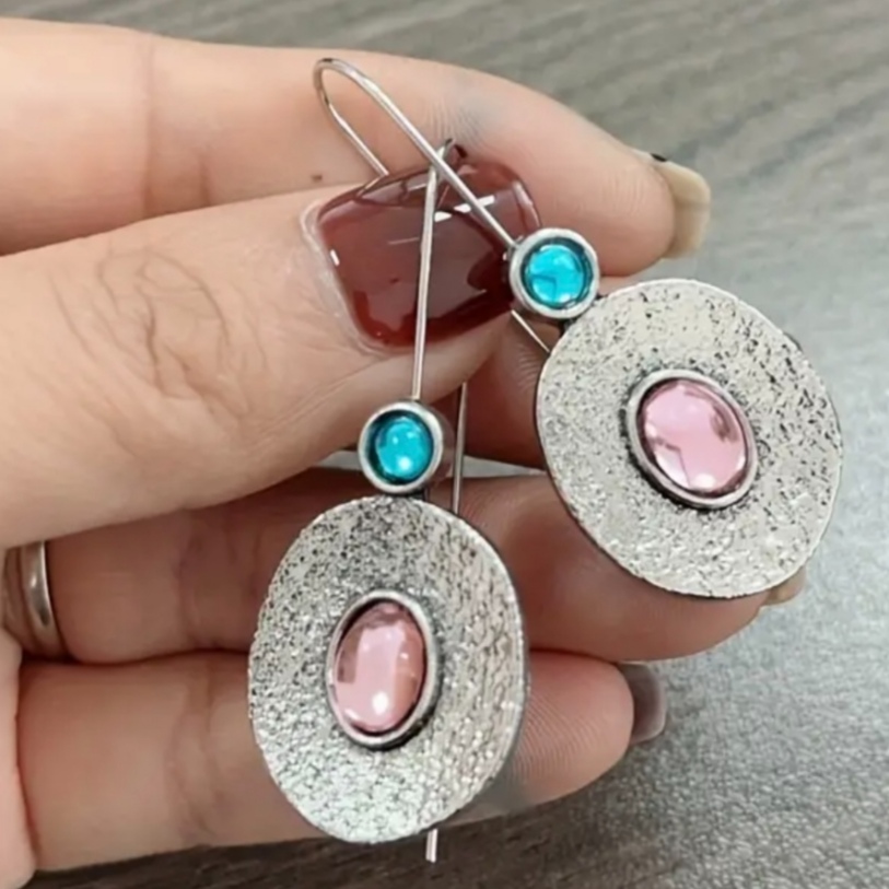 Ασημένια Σκουλαρίκια Διακοσμημένα με Μπλε και Ροζ Πέτρες