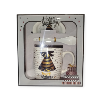 Σετ Κούπας με Πιατάκι και Κουταλάκι "Happy Birthday" με Σχέδιο Καπελάκι 330ml