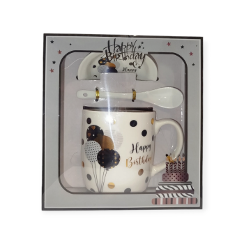 Σετ Κούπας με Πιατάκι και Κουταλάκι "Happy Birthday" με Σχέδιο Μπαλόνια 330ml