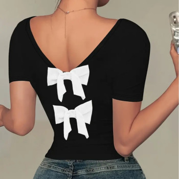 Ασπρόμαυρη Κοντομάνικη Μπλούζα με Φιόγκους