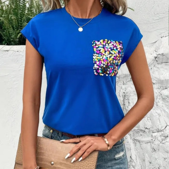 Μπλε Κοντομάνικη Μπλούζα με Τσέπη με Χρωματιστές Πούλιες