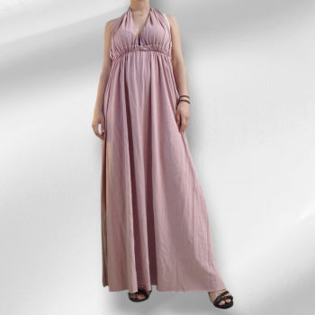 Φόρεμα Σομόν Εξώπλατο με Δέσιμο στον Λαιμό