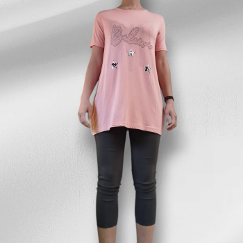 Μπλούζα Κοντομάνικη Σομόν με Αστέρια και Στρας