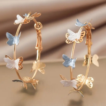 Χρυσοί Κρίκοι Σκουλαρίκια με Γαλάζιες Λευκές Πεταλούδες