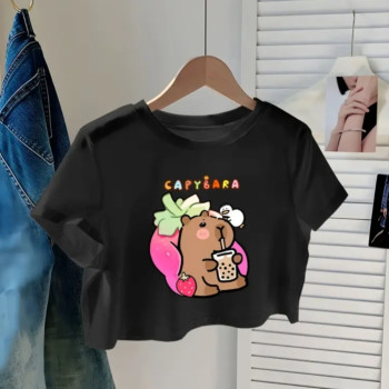 Παιδική Μαύρη Κοντομάνικη Μπλούζα Capybara-Crop Top