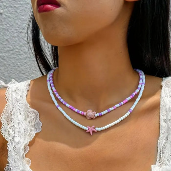 Κολιέ(2 τμχ.) Λευκό και Ροζ με Θαλάσσια Χελώνα και Αστερία