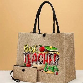 Τσάντα Ώμου Λινάτσα με Στάμπα Δασκάλα και Πορτοφόλι ”Best Teacher Ever”