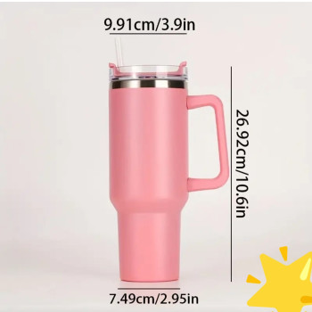 Ροζ Ανοξείδωτο Ποτήρι με Καλαμάκι και Λαβή