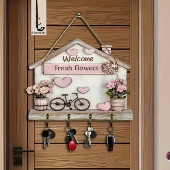 Κλειδοθήκη Τοίχου Ξύλινη με 4 Θέσεις για Κλειδιά με Σχέδιο Σπίτι