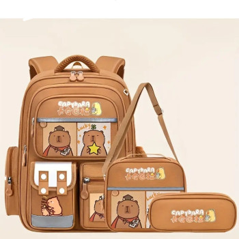 Σετ 3 Τεμαχίων Σχολική Τσάντα Πλάτης, Κασετίνα και Τσαντάκι Φαγητού Καφέ με Σχέδιο Capybara