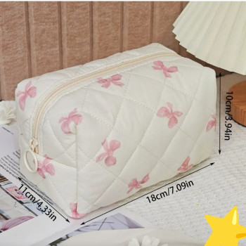 Τσαντάκι Άσπρο Μακιγιάζ με Ροζ Φιόγκους