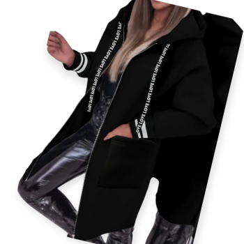 Γυναικεία Μακριά Ζακέτα με Κουκούλα και Φερμουάρ-Μαύρη