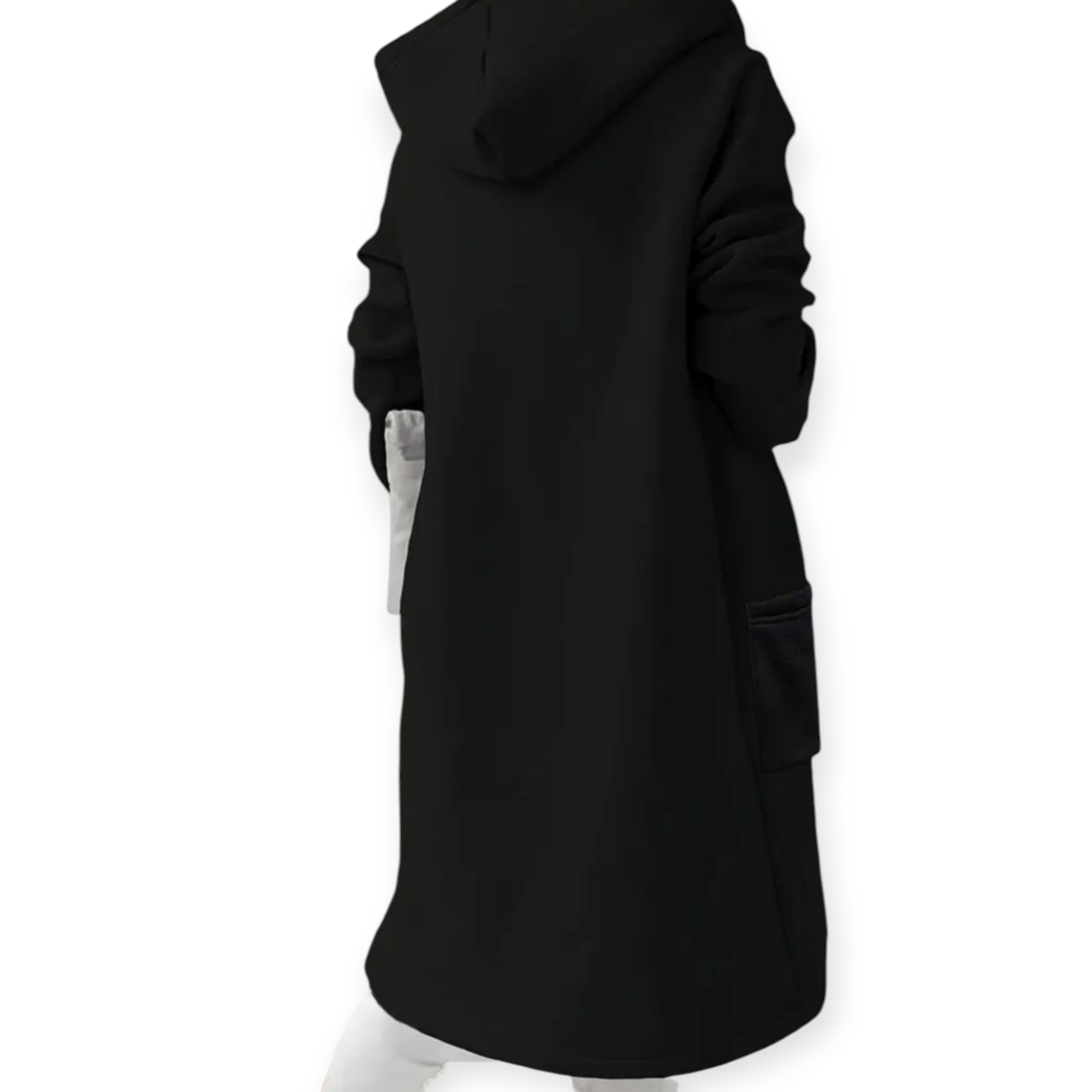 Γυναικεία Μακριά Ζακέτα με Κουκούλα και Φερμουάρ-Μαύρη - Image 2