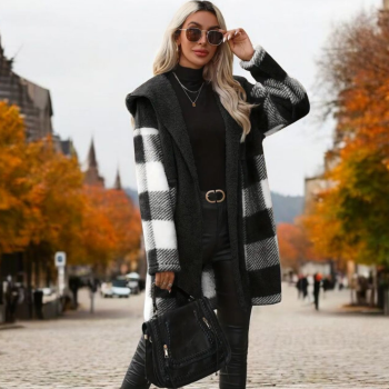 Ζακέτα Γούνινη Καρώ Μαύρη-Άσπρη με Κουκούλα