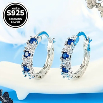 Ατσάλινα σκουλαρίκια κρίκοι με μπλε & ασημί στρας