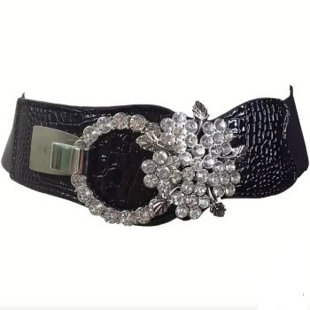 Μαύρη Ελαστική Ζώνη με Ασημί Αγκράφα και Στρας