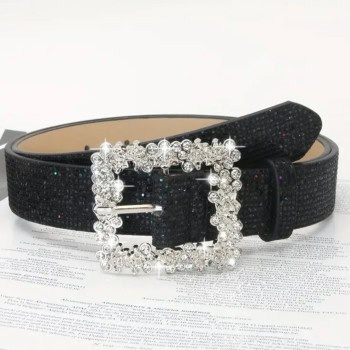 Μαύρη Ζώνη με Τετράγωνη Αγκράφα και Στρας