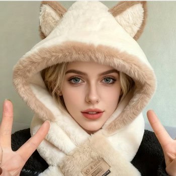 Γυναικείο Λευκό Χνουδωτό Σκουφάκι με Αυτιά Αλεπούς & Ενσωματωμένο Κασκόλ