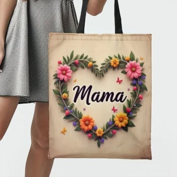 Πάνινη Τσάντα με Σχέδιο Καρδιάς από Λουλούδια & “Mama”