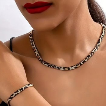 Ατσάλινο Σετ Κολιέ & Βραχιόλι με Λεοπάρ Σχέδιο