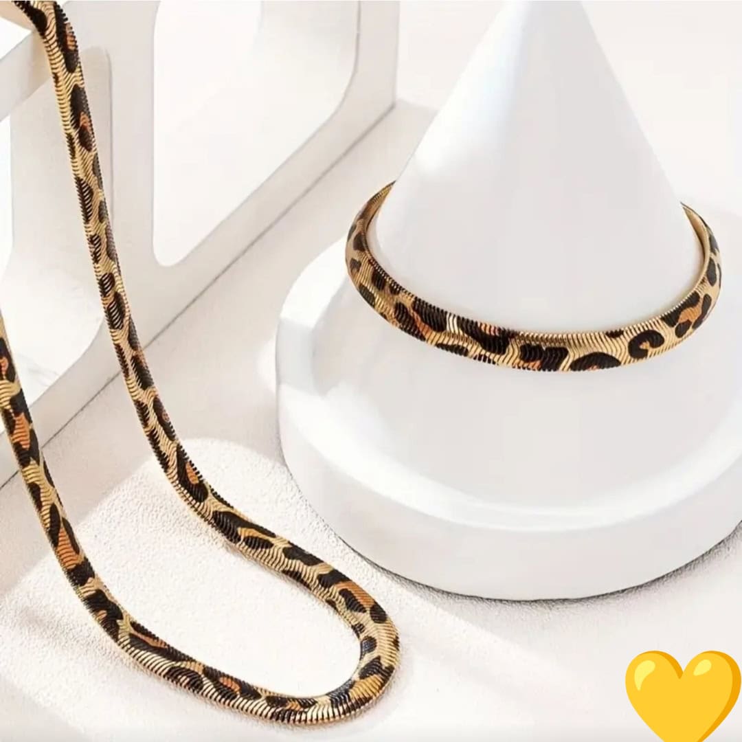 Ατσάλινο Σετ Κολιέ & Βραχιόλι με Λεοπάρ Σχέδιο - Image 2