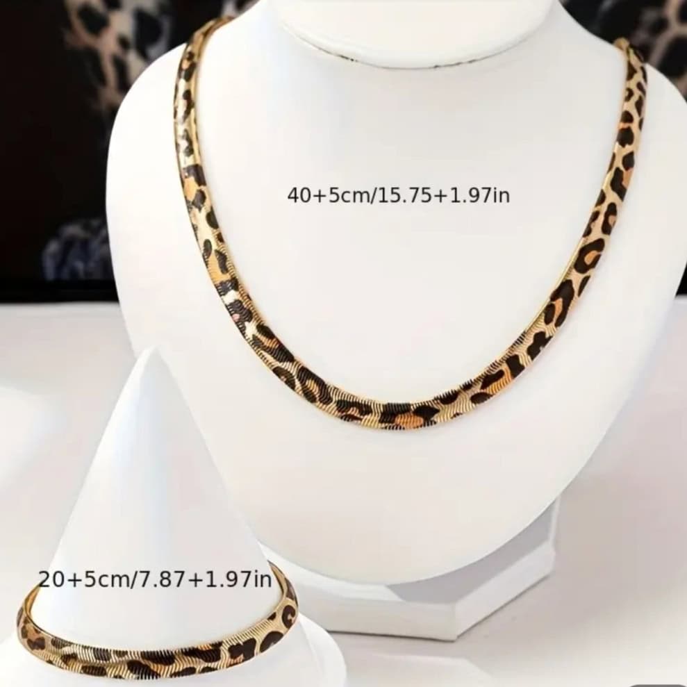 Ατσάλινο Σετ Κολιέ & Βραχιόλι με Λεοπάρ Σχέδιο - Image 3