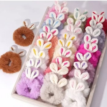 Λευκό Χνουδωτό Λαστιχάκι Μαλλιών με Αυτιά Κουνελιού (2τμχ)