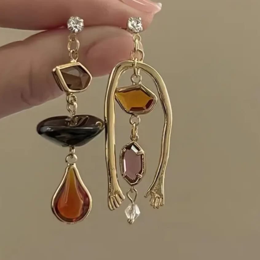 Ασύμμετρα Κρεμαστά Σκουλαρίκια με Πέτρες - Image 2