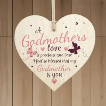 Ξύλινη Κρεμαστή Καρδιά για τη Νονά – “A Godmother’s Love is Precious and True…”