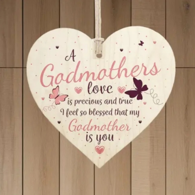 Ξύλινη Κρεμαστή Καρδιά για τη Νονά – “A Godmother’s Love is Precious and True…”