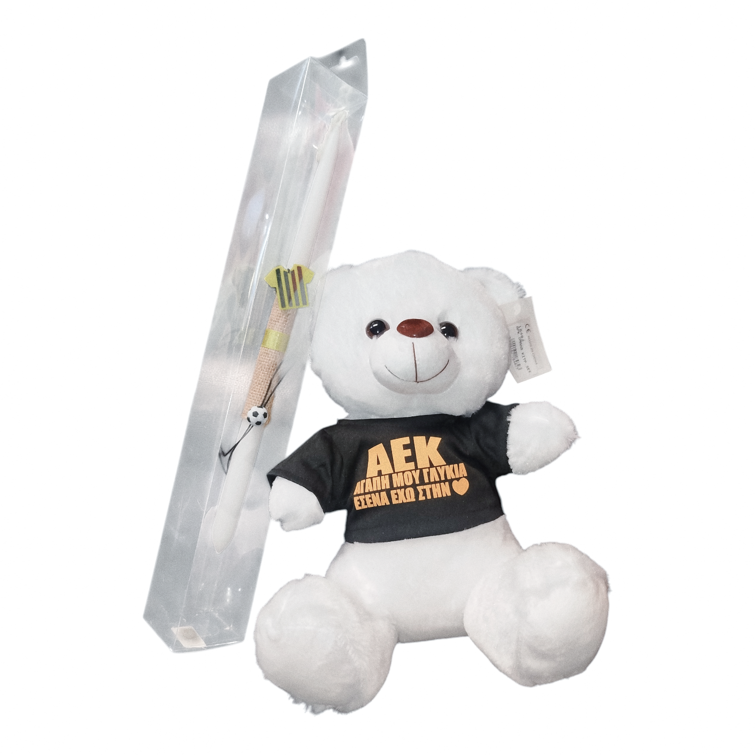 Σετ Λαμπάδα ΑΕΚ 40εκ. με Ξύλινο Διακοσμητικό & Αρκουδάκι "ΑΕΚ ΑΓΑΠΗ ΜΟΥ ΓΛΥΚΙΑ ΕΣΕΝΑ ΕΧΩ ΣΤΗ ΚΑΡΔΙΑ"