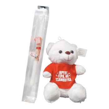 Σετ Λαμπάδα Ολυμπιακός 40εκ. με Ξύλινο Διακοσμητικό & Αρκουδάκι "ΘΡΥΛΕ ΓΕΡΑ, ΜΕ ΤΣΑΜΠΟΥΚΑ"