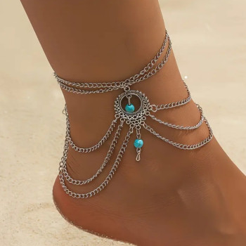 Boho Βραχιόλι Ποδιού με Πολλαπλές Αλυσίδες, Τυρκουάζ Χάντρες & Κυκλικό Μενταγιόν