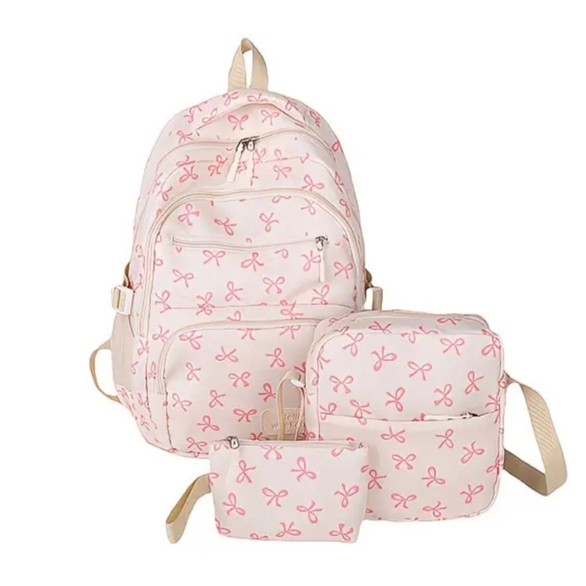Σετ Backpack Λευκό με Ροζ Φιογκάκια, Τσαντάκι & Πορτοφολάκι - Image 2