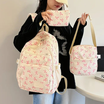 Σετ Backpack Λευκό με Ροζ Φιογκάκια, Τσαντάκι & Πορτοφολάκι