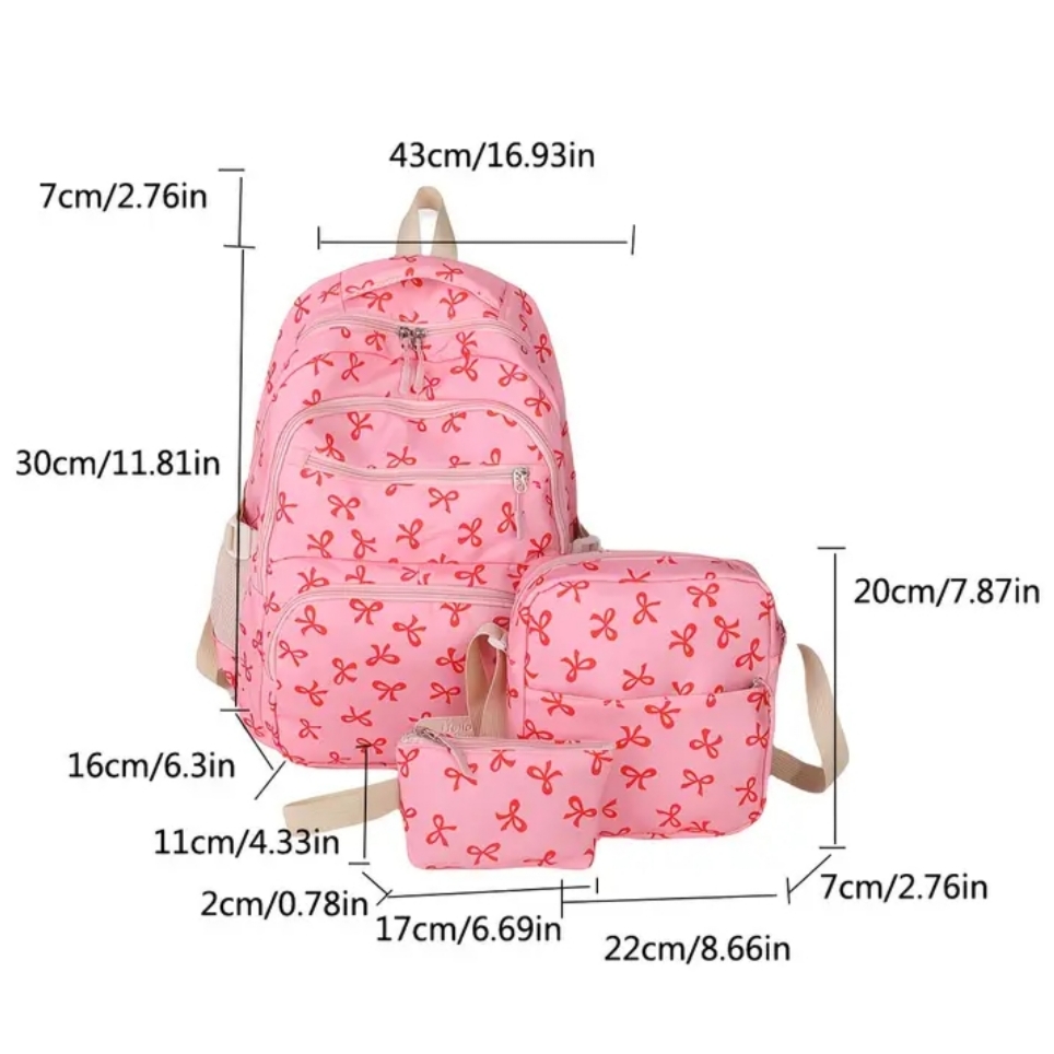 Σετ Backpack Λευκό με Ροζ Φιογκάκια, Τσαντάκι & Πορτοφολάκι - Image 3