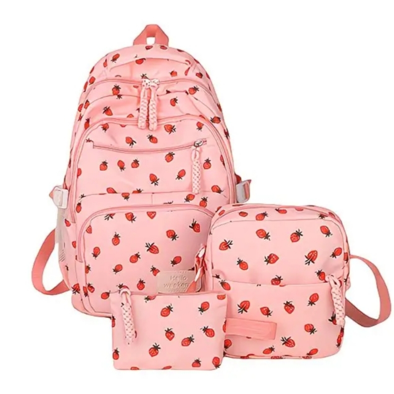 Σετ Backpack Ροζ με Φραουλίτσες, Τσαντάκι & Πορτοφολάκι - Image 2