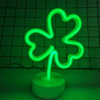 Επιτραπέζιο Διακοσμητικό Φωτιστικό LED Neon σε Σχήμα Πράσινου Τριφυλλιού με Βάση