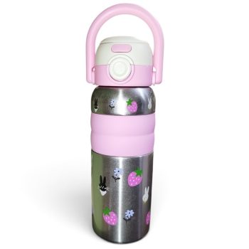 Παιδικό Μπουκάλι Νερού Θερμός Ανοξείδωτο Ροζ με Λαβή & Σχέδια – Bunny & Strawberry
