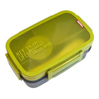 Διώροφο Φαγητοδοχείο Bento Box "Enjoy The Moment" με Κουτάλι & Θήκες – Λαχανί / Γκρι