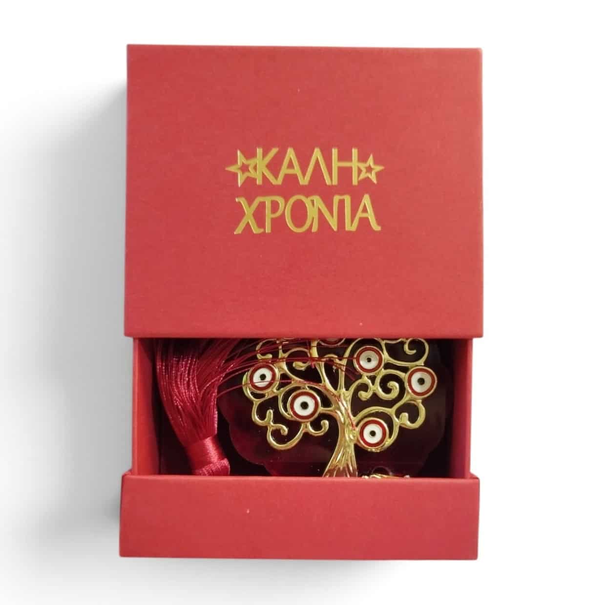Χειροποίητο Γούρι 2027 "Δέντρο της Ζωής & Μάτια" με Ακρυλικό, Φούντα & Κρεμαστό 2027 σε Πολυτελές Κόκκινο Κουτί (12x11cm) - Image 3