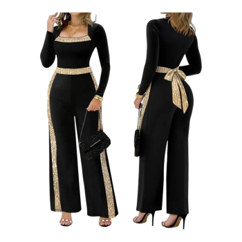 Μαύρη Γυναικεία Ολόσωμη Φόρμα με Χρυσές Λεπτομέρειες