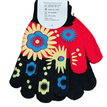 Μαύρα Κόκκινα Γάντια με Σχέδιο Λουλούδια 6-12 Έτων