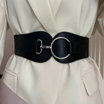 Μαύρη Φαρδιά Ζώνη - Κορσέ Δερματίνη και Λάστιχο με Ασημένια Στρογγυλή Αγκράφα