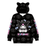 Μαύρη Παιδική Μπλούζα Φούτερ με Κουκούλα Αυτάκια και Kuromi Μπλε Ροζ Σχέδιο