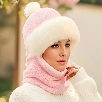Ροζ Γυναικείο Σετ 3-σε-1 Χειμερινό Καπέλο, Κασκόλ και Μάσκα Φλις