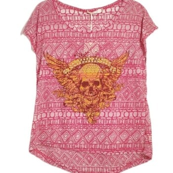 Ροζ Κοντομάνικη Μπλούζα με Στάμπα Νεκροκεφαλή και Τρουκς